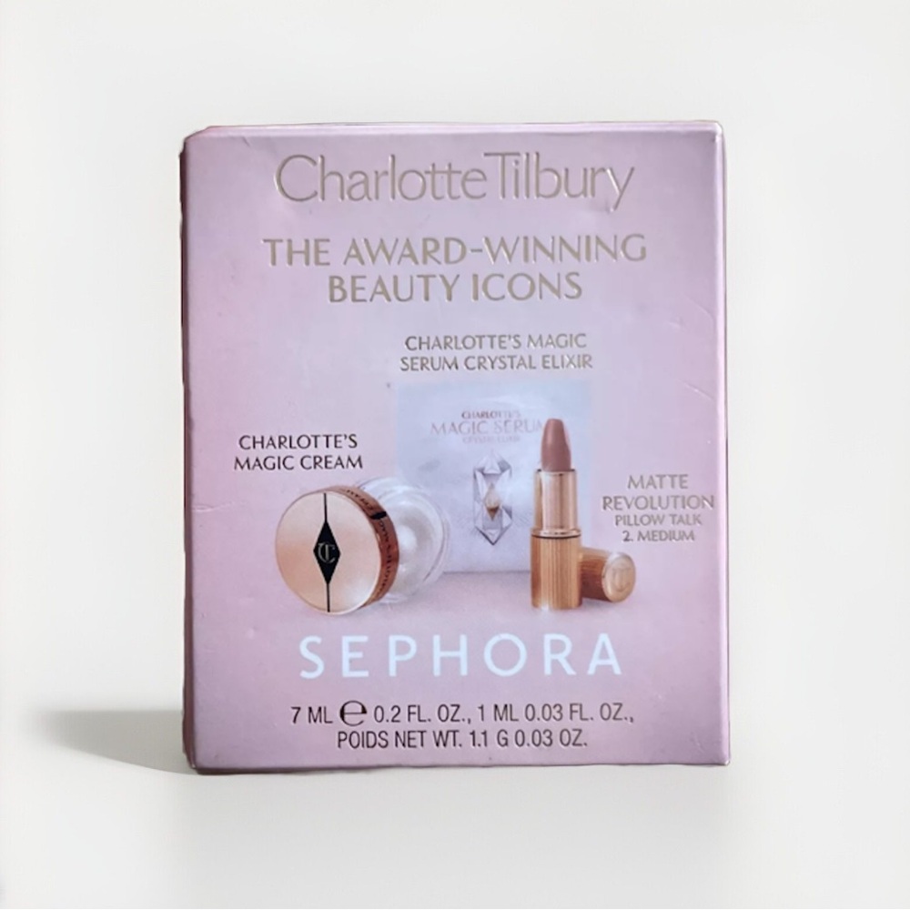 Charlotte Tilbury Set Charlettes Magic Cream .2 Oz, Pillow Talk 2 Matte Lip Mini - Picture 2 of 3